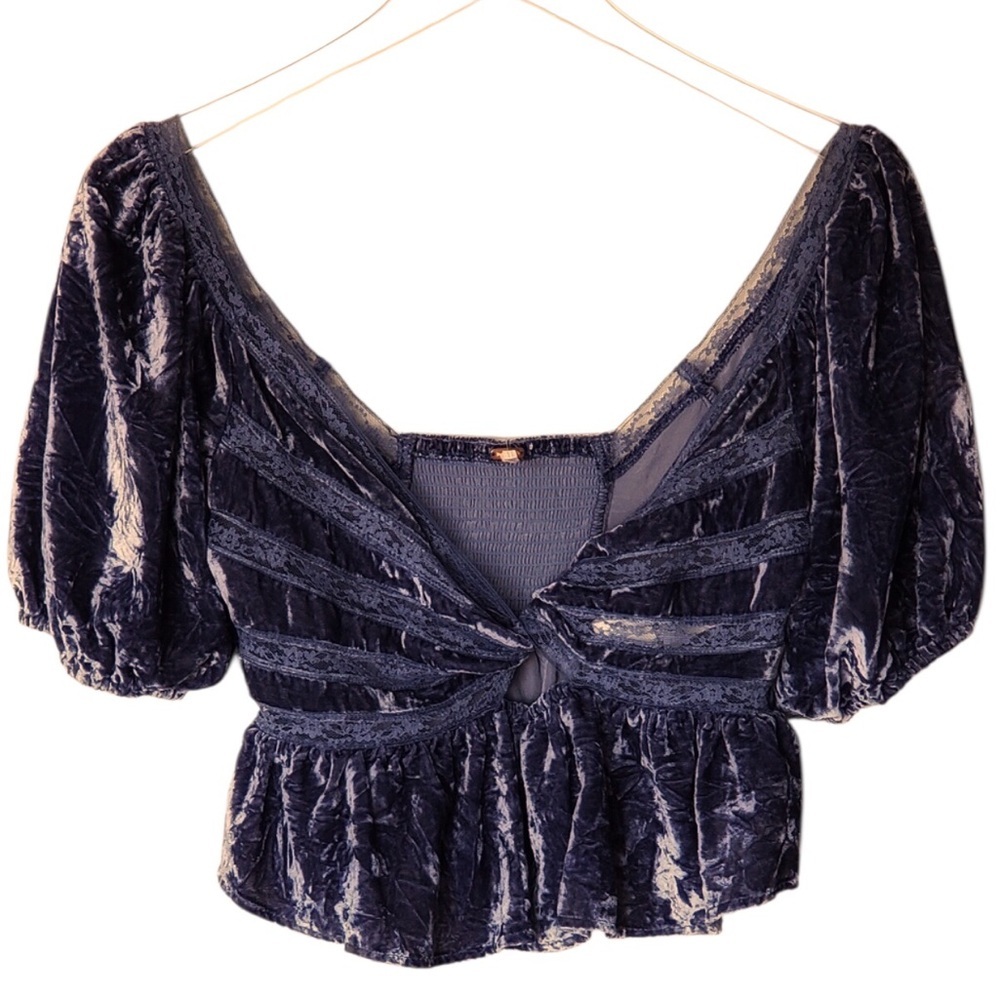 Free People Yours Truly Velvet Peplum Top Puff Sleeve Women's XS